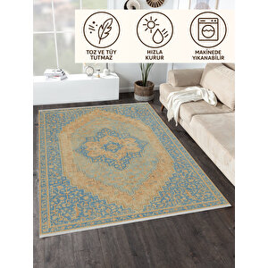 Mavi Bej Klasik Halı – Soft Renkli Vintage Tasarım | Kaymaz, Yıkanabilir, Evcil Ve Bebek Dostu 80x350 cm