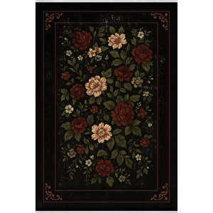 Siyah Zemin Kırmızı Çiçekli Halı – Retro Şıklık | Kaymaz Taban, Yıkanabilir, Bebek Dostu 100x200 cm