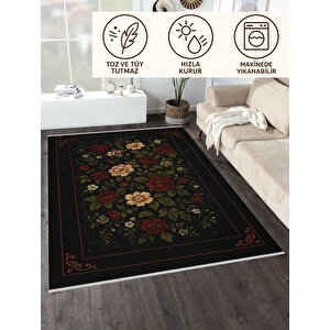 Siyah Zemin Kırmızı Çiçekli Halı – Retro Şıklık | Kaymaz Taban, Yıkanabilir, Bebek Dostu 100x200 cm