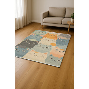 Sevimli Kedi Desenli Halı – Renkli Ve Neşeli Tasarım | Kaymaz, Yıkanabilir, Evcil & Bebek Dostu
