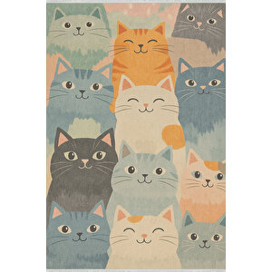 Sevimli Kedi Desenli Halı – Renkli Ve Neşeli Tasarım | Kaymaz, Yıkanabilir, Evcil & Bebek Dostu 200x220 cm