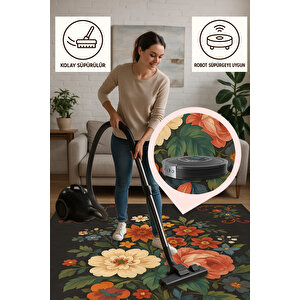 Siyah Zeminli Çiçek Desenli Halı – Kaymaz, Yıkanabilir, Bebek Ve Evcil Dostu Dekoratif Halı