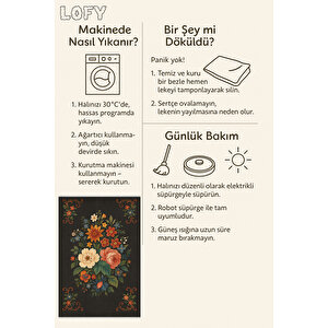 Siyah Zeminli Çiçek Desenli Halı – Kaymaz, Yıkanabilir, Bebek Ve Evcil Dostu Dekoratif Halı