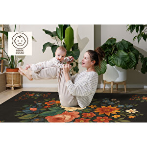 Siyah Zeminli Çiçek Desenli Halı – Kaymaz, Yıkanabilir, Bebek Ve Evcil Dostu Dekoratif Halı