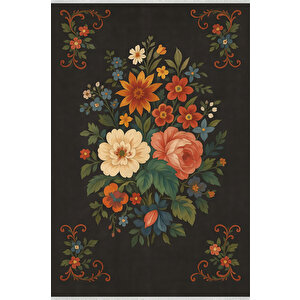 Siyah Zeminli Çiçek Desenli Halı – Kaymaz, Yıkanabilir, Bebek Ve Evcil Dostu Dekoratif Halı 150x240 cm