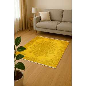 Sarı Retro Desenli Halı – Enerjik & Modern Stil | Kaymaz Tabanlı, Yıkanabilir, Evcil Dostu 80x200 cm