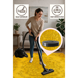 Sarı Retro Desenli Halı – Enerjik & Modern Stil | Kaymaz Tabanlı, Yıkanabilir, Evcil Dostu