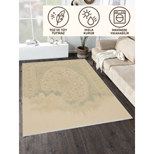 Eriyen Retro Halı – Bej Tonlarda Sanatsal Desen | Kaymaz, Yıkanabilir 80x500 cm