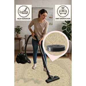 Eriyen Retro Halı – Bej Tonlarda Sanatsal Desen | Kaymaz, Yıkanabilir 80x500 cm