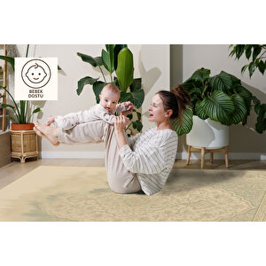 Eriyen Retro Halı – Bej Tonlarda Sanatsal Desen | Kaymaz, Yıkanabilir