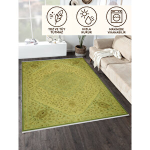 Yeşil Klasik Desenli Halı – Avangart Tarz | Kaymaz Taban, Yıkanabilir, Bebek Dostu 120x400 cm