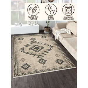 Etnik Desenli Bej-siyah Halı – Kaymaz Tabanlı, Yıkanabilir Ve Robot Süpürge Uyumlu 200x600 cm