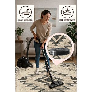 Etnik Desenli Bej-siyah Halı – Kaymaz Tabanlı, Yıkanabilir Ve Robot Süpürge Uyumlu 200x600 cm