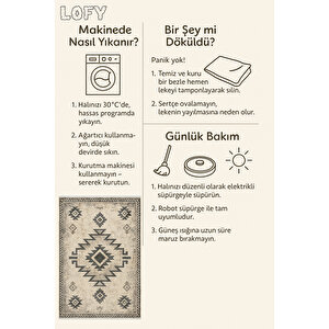 Etnik Desenli Bej-siyah Halı – Kaymaz Tabanlı, Yıkanabilir Ve Robot Süpürge Uyumlu