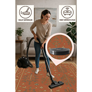 Kiremit Renkli Geleneksel Halı – Yıkanabilir & Kaymaz | İnce Yapı, Bebek Ve Evcil Dostu Halı 200x600 cm