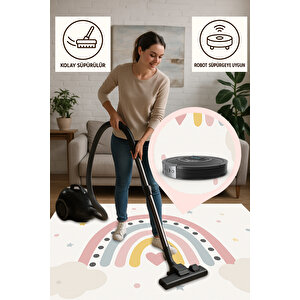 Yumuşak Tonlu Gökkuşağı Halı – Kaymaz Taban & Yıkanabilir | Bebek Odası Ve Robot Süpürge Uyumlu