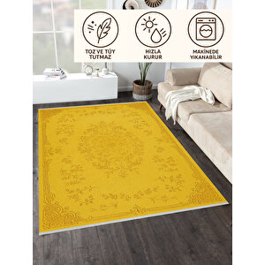 Sarı Klasik Desenli Halı – Işıltılı Vintage Şıklık | Kaymaz Taban, Yıkanabilir, Evcil Dostu 80x500 cm