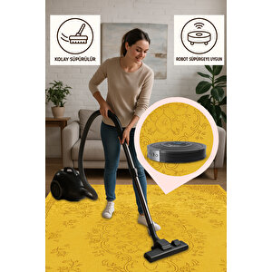 Sarı Klasik Desenli Halı – Işıltılı Vintage Şıklık | Kaymaz Taban, Yıkanabilir, Evcil Dostu 80x500 cm