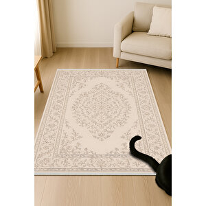 Krem Klasik Desenli Halı – Zarif Ve Şık Stil | Kaymaz Taban, Yıkanabilir, Evcil Dostu 80x350 cm