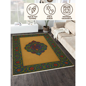 Osmanlı Motifli Halı – Sarı Zemin Üzerine Renkli Klasik Desen | Kaymaz, Yıkanabilir 80x80 cm
