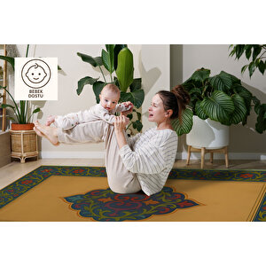 Osmanlı Motifli Halı – Sarı Zemin Üzerine Renkli Klasik Desen | Kaymaz, Yıkanabilir