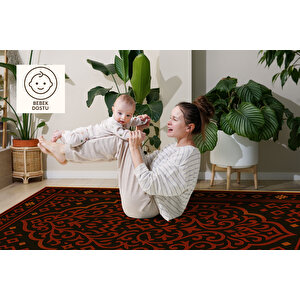 Siyah Zemin Kırmızı Geometrik Halı – Etnik Stil | Kaymaz Taban, Yıkanabilir, Evcil Dostu