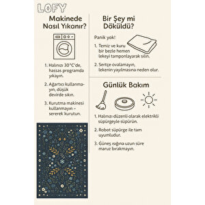 Lacivert Çiçek Desenli Halı – Modern Vintage Tarz | Kaymaz, Yıkanabilir, Evcil & Bebek Dostu