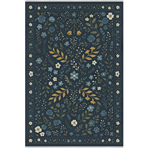 Lacivert Çiçek Desenli Halı – Modern Vintage Tarz | Kaymaz, Yıkanabilir, Evcil & Bebek Dostu 200x600 cm