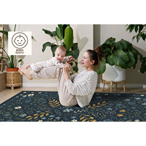 Lacivert Çiçek Desenli Halı – Modern Vintage Tarz | Kaymaz, Yıkanabilir, Evcil & Bebek Dostu