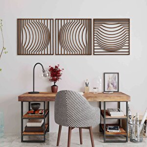 Ahşap Duvar Tablosu, 3 Parça Ahşap Modern Kare Oval Dalga Duvar Dekoru, Soyut Desen Duvar Paneli, Ceviz 58,5x58,5 cm