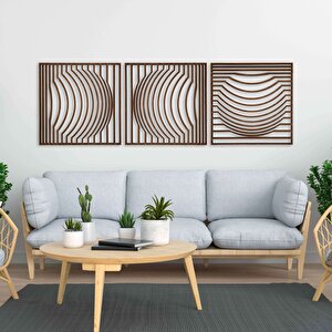 Ahşap Duvar Tablosu, 3 Parça Ahşap Modern Kare Oval Dalga Duvar Dekoru, Soyut Desen Duvar Paneli, Ceviz 58,5x58,5 cm