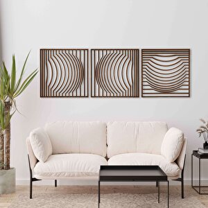 Ahşap Duvar Tablosu, 3 Parça Ahşap Modern Kare Oval Dalga Duvar Dekoru, Soyut Desen Duvar Paneli, Ceviz 58,5x58,5 cm