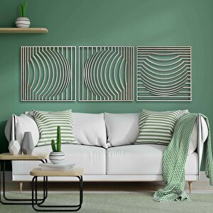 Ahşap Duvar Tablosu, 3 Parça Ahşap Kare Oval Dalga Duvar Dekoru, Soyut Desen Duvar Paneli, Akçaağaç 71x71 cm