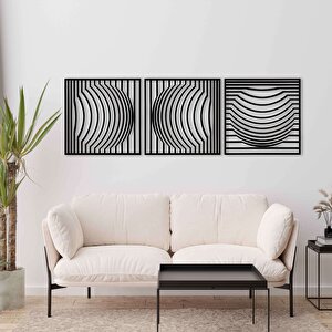 Ahşap Duvar Tablosu, 3 Parça Ahşap Modern Kare Oval Dalga Duvar Dekoru, Soyut Desen Duvar Paneli, Siyah 71x71 cm