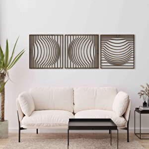 Ahşap Duvar Tablosu, 3 Parça Ahşap Modern Kare Oval Dalga Duvar Dekoru, Soyut Desen Duvar Paneli, Akasya 71x71 cm