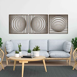 Ahşap Duvar Tablosu, 3 Parça Ahşap Modern Kare Oval Dalga Duvar Dekoru, Soyut Desen Duvar Paneli, Akasya 71x71 cm