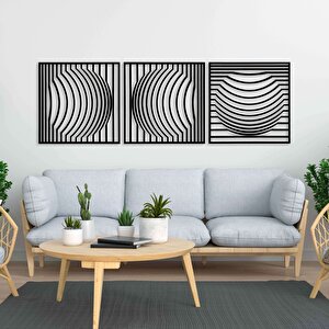 Ahşap Duvar Tablosu, 3 Parça Ahşap Modern Kare Oval Dalga Duvar Dekoru, Soyut Desen Duvar Paneli, Siyah 58,5x58,5 cm