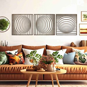 Ahşap Duvar Tablosu, 3 Parça Ahşap Modern Kare Oval Dalga Duvar Dekoru, Soyut Desen Duvar Paneli, Mostar 71x71 cm