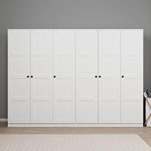 Lucas 6 Kapaklı, 12 Raf Bölmeli, Askılıklı Geniş Elbise Dolabı, Gardırop, beyaz 190*270