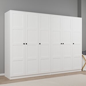 Lucas 6 Kapaklı, 12 Raf Bölmeli, Askılıklı Geniş Elbise Dolabı, Gardırop, beyaz 190*270