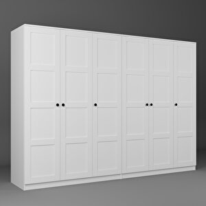 Lucas 6 Kapaklı, 12 Raf Bölmeli, Askılıklı Geniş Elbise Dolabı, Gardırop, beyaz 190*270