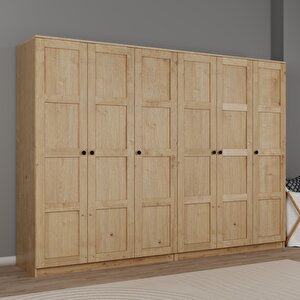 Lucas 6 Kapaklı, 12 Raf Bölmeli, Askılıklı Geniş Elbise Dolabı, Gardırop, safir Meşe 190*270