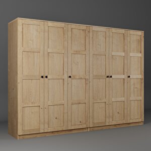 Lucas 6 Kapaklı, 12 Raf Bölmeli, Askılıklı Geniş Elbise Dolabı, Gardırop, safir Meşe 190*270