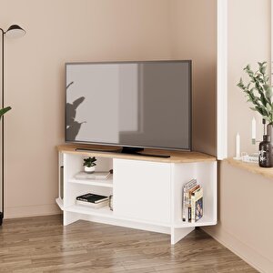 B1350 Teo Köşe Tv Sehpası Ünitesi – Ahşap Sepet & Beyaz | 48 Inç Uyumlu