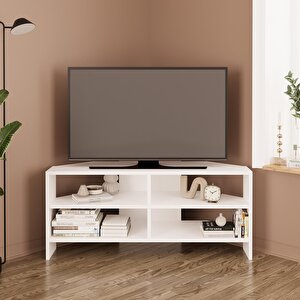 Roy B1420 Köşe Tv Ünitesi Tv Sehpası – Beyaz | Açık Raflı 48 Inç Uyumlu