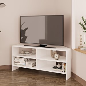 Roy B1420 Köşe Tv Ünitesi Tv Sehpası – Beyaz | Açık Raflı 48 Inç Uyumlu