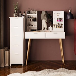 T4050 Bella 5+2 Çekmeceli Makyaj Masası Seti Beyaz – Takı Askılı, Fırçalık Kutu Raflı, Ahşap Ayaklı