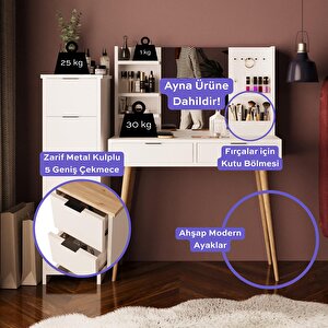 T4050 Bella 5+2 Çekmeceli Makyaj Masası Seti Beyaz – Takı Askılı, Fırçalık Kutu Raflı, Ahşap Ayaklı