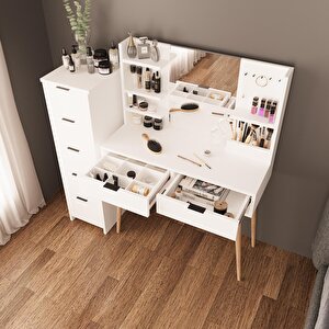 T4050 Bella 5+2 Çekmeceli Makyaj Masası Seti Beyaz – Takı Askılı, Fırçalık Kutu Raflı, Ahşap Ayaklı