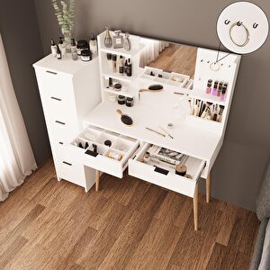 T4050 Bella 5+2 Çekmeceli Makyaj Masası Seti Beyaz – Takı Askılı, Fırçalık Kutu Raflı, Ahşap Ayaklı